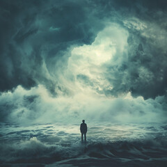 Obraz premium silhouette of a man standing on the beach, photography of a man which is standing in high storm,man in looking calm