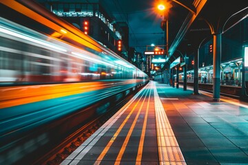 Brightly lit train station platform with a blurred moving train, highlighting the efficiency and speed of rail transport at night 