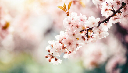 cherry blossom in spring time with sun rays and lens flare, Spring blossoms and beautiful cherry tree branches with pink sakura flowers and sunbeams coming through the tree branches,
