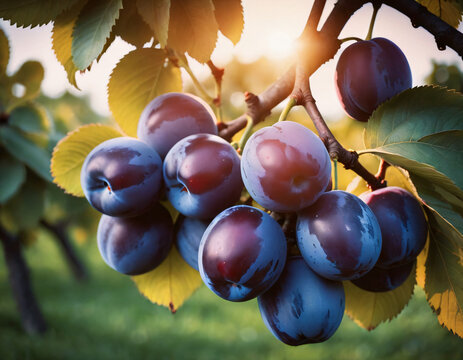 Sweet and appetising plums in a sunny orchard, Słodkie i apetyczne śliwki w słonecznym sadzie