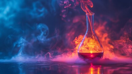 A glass beaker containing a red liquid sits on a surface, with a colorful cloud of smoke behind it.