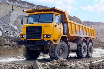 Heavy-duty dump truck in a clean, barren construction site, emphasizing its capability and importance in transporting materials for large projects 