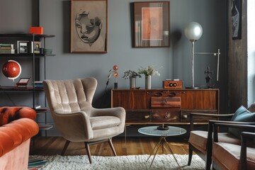A living room with a tan chair and a glass coffee table
