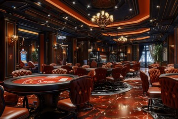 Fototapeta premium Luxurious Casino Interior with Elegant Decor and Poker Tables