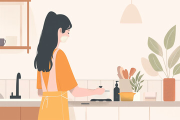 A woman in an orange shirt is cooking in a kitchen