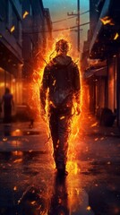 Obraz premium A person engulfed in flames walks through a dimly lit city street, creating a dramatic and intense scene