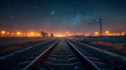 Fototapeta premium Train tracks illuminated by distant city lights under a starry sky, highlighting the serene and steady nature of rail transport at night 