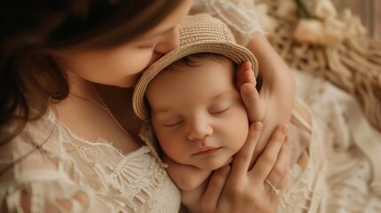 Close-up of a mother gently placing a hat on her newborn's head with care