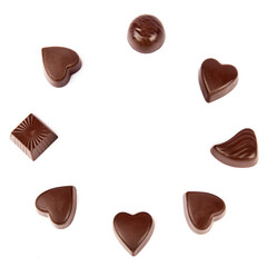 Chocolate candies isolated on white. Collage. Free space for text.