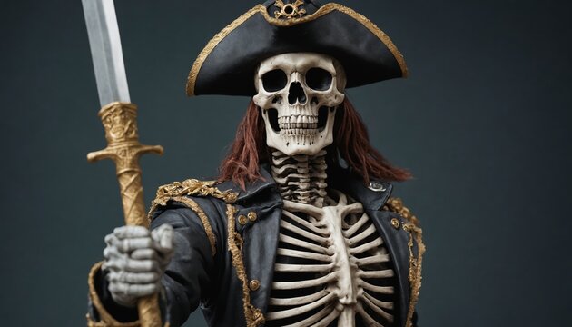 A grim captains last stand, a portrait of a skeletal pirate in timeless darkness
