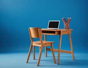 Laptop on Wooden Desk with Chair and Pencil Holder
