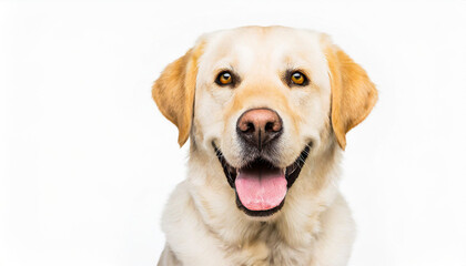 Portrait of a blond labrador retriever dog looking at the camera with a big smile isolated on a white background