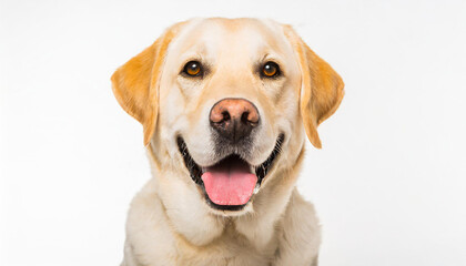 Portrait of a blond labrador retriever dog looking at the camera with a big smile isolated on a white background