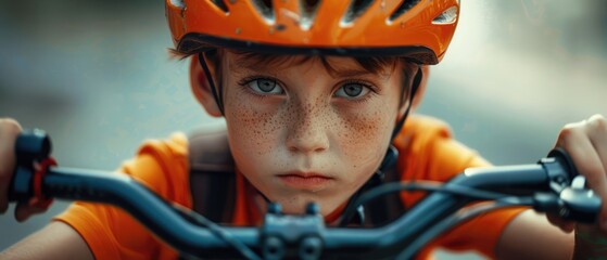 Determined young boy gripping bike handlebars in close-up hyper-realistic photography