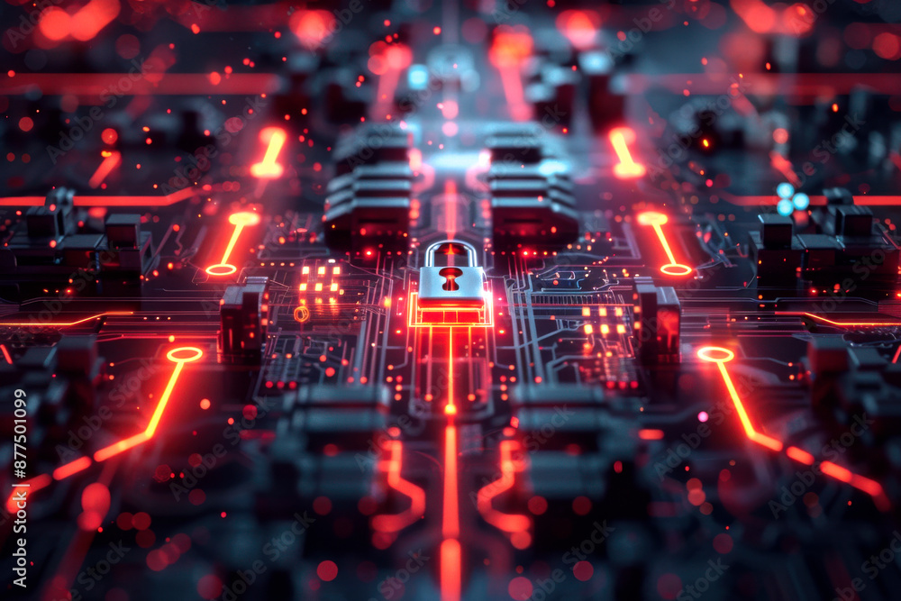 Poster a detailed digital circuit board with glowing red lights, symbolizing cybersecurity and technical in