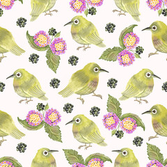 Botanical seamless pattern design featuring lantana with flowers and berries and green iora birds