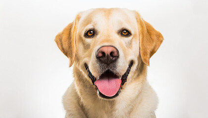Portrait of a blond labrador retriever dog looking at the camera with a big smile isolated on a white background