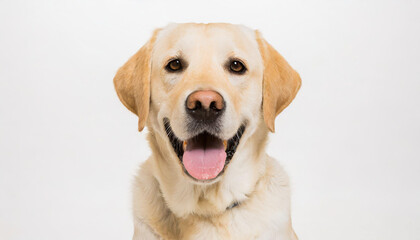 Portrait of a blond labrador retriever dog looking at the camera with a big smile isolated on a white background