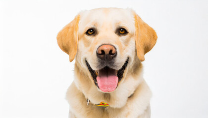 Portrait of a blond labrador retriever dog looking at the camera with a big smile isolated on a white background
