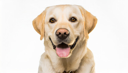 Portrait of a blond labrador retriever dog looking at the camera with a big smile isolated on a white background