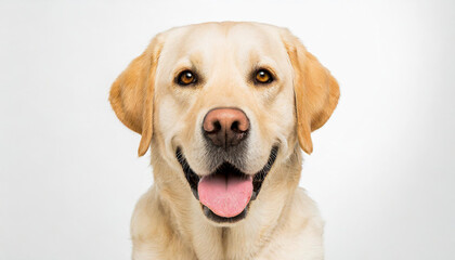 Portrait of a blond labrador retriever dog looking at the camera with a big smile isolated on a white background