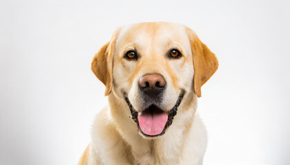 Portrait of a blond labrador retriever dog looking at the camera with a big smile isolated on a white background