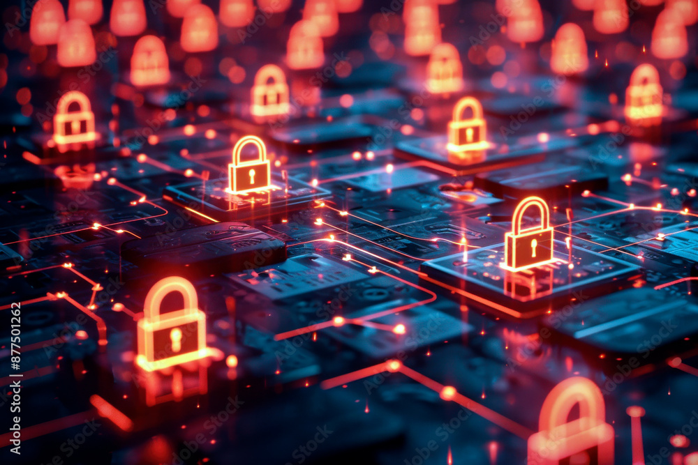Poster abstract depiction of data security with floating digital lock icons over a network of circuits, ind