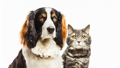 Fototapeta premium Portrait of a dog Spaniel and cat Scottish Straight isolated white background.