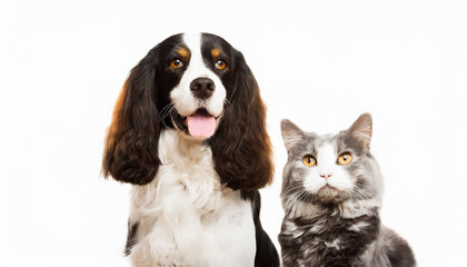 Obraz premium Portrait of a dog Spaniel and cat Scottish Straight isolated white background.