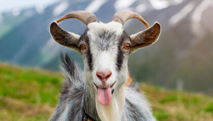 portrait of a goat showing tongue