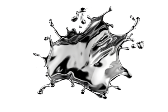 A dramatic and visually striking splash of molten silver, captured in mid-air, showcasing fluid dynamics and metallic elegance.