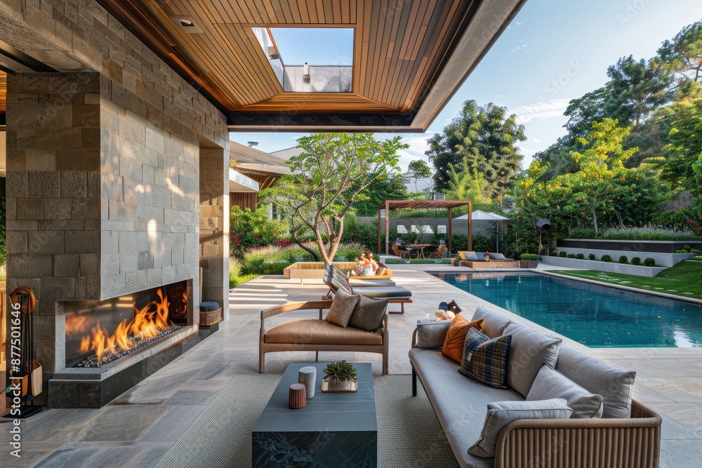 Poster a large stone fireplace is in the middle of a patio with a pool and a patio set