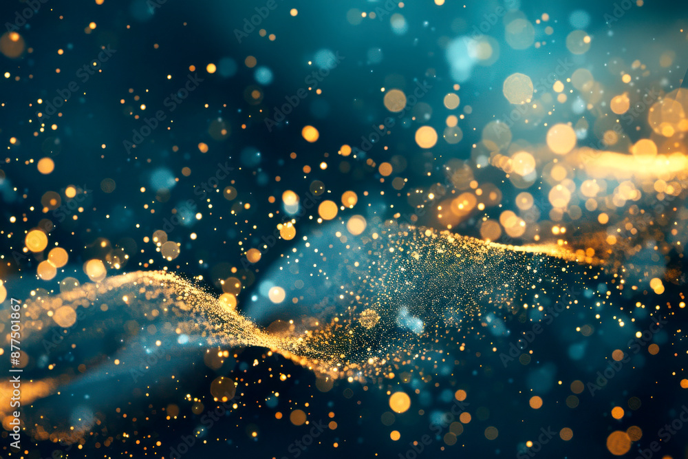 Poster a vivid and dynamic image depicting a swirl of blue and gold particles in motion, creating a mesmeri