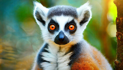 Obraz premium Lemur looking, Ring-tailed lemur Lemur catta wild portrait