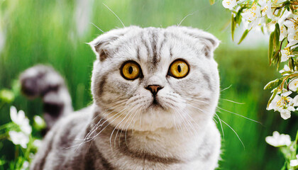 Portrait of a pretty silver tabby british shorthair cat looking at the camera isolated on a white background