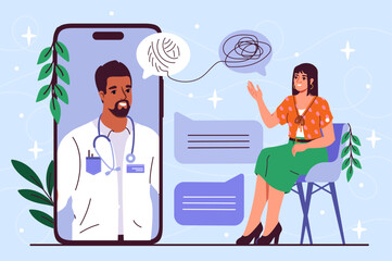 Online consultation with psychologist. Woman calls doctor. Video call and remote consultation. Taking care of mental health. Frustration and depression. Flat vector illustration