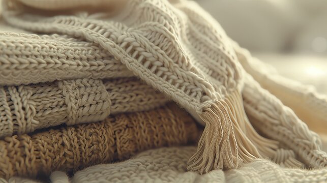 A stack of beige knitted blankets with tassels on a bed