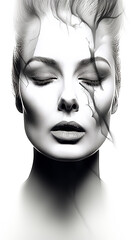Abstract portrait of an introspective woman with her eyes closed. Black and white poster.