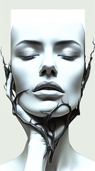 Abstract portrait of an introspective woman with her eyes closed. Black and white poster.