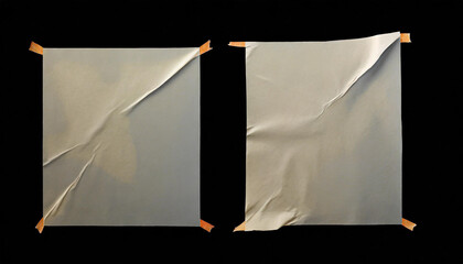 white crumpled and creased glued paper poster set isolated on black background