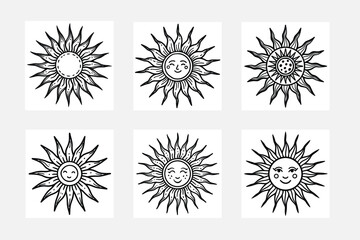 Happy sun simple illustration Line art set