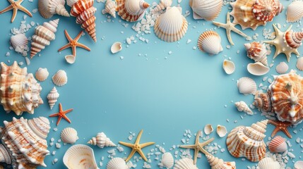 Obraz premium frame mockup banner showcasing sea shells with copy space, embodying the essence of summer vacation and travel, ideal for background setting