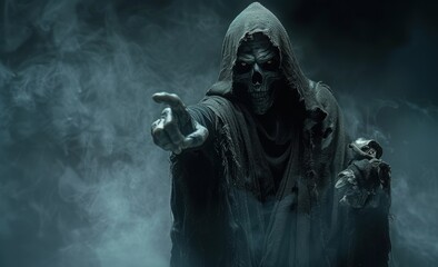 Obraz premium Grim reaper reaching towards the camera over dark background with copy space 