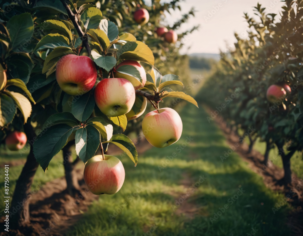 Wall mural Sweet and appetising apples in a sunny orchard, Słodkie i apetyczne jabłka w słonecznym sadzie