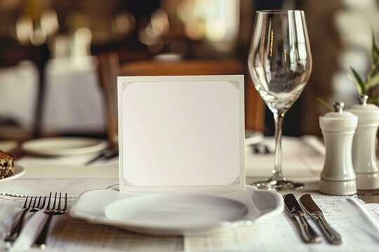 Elegant empty card showing on a set table in a restaurant is ready to welcome guests