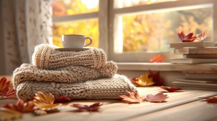 A cup of coffee sits atop a stack of knit blankets on a windowsill, surrounded by autumn leaves