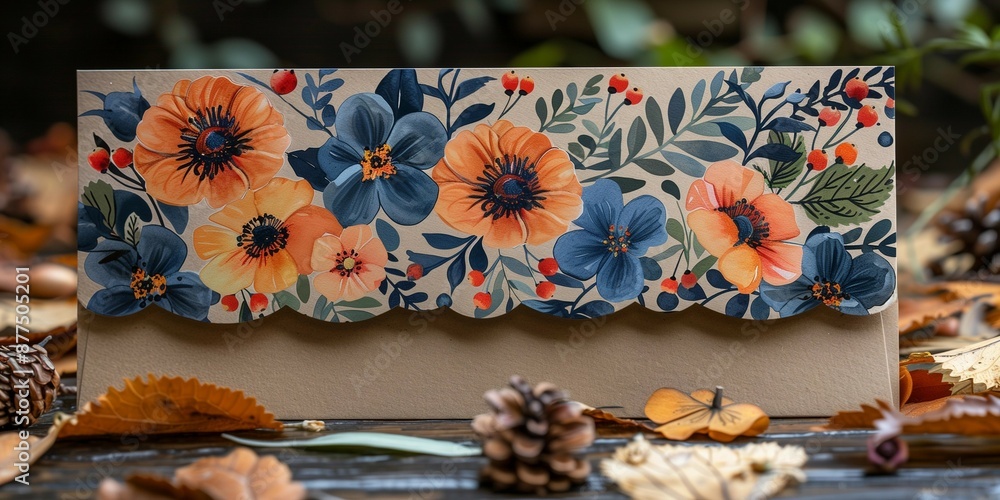 Wall mural Earthy Toned Floral Wedding Stationery, generative ai