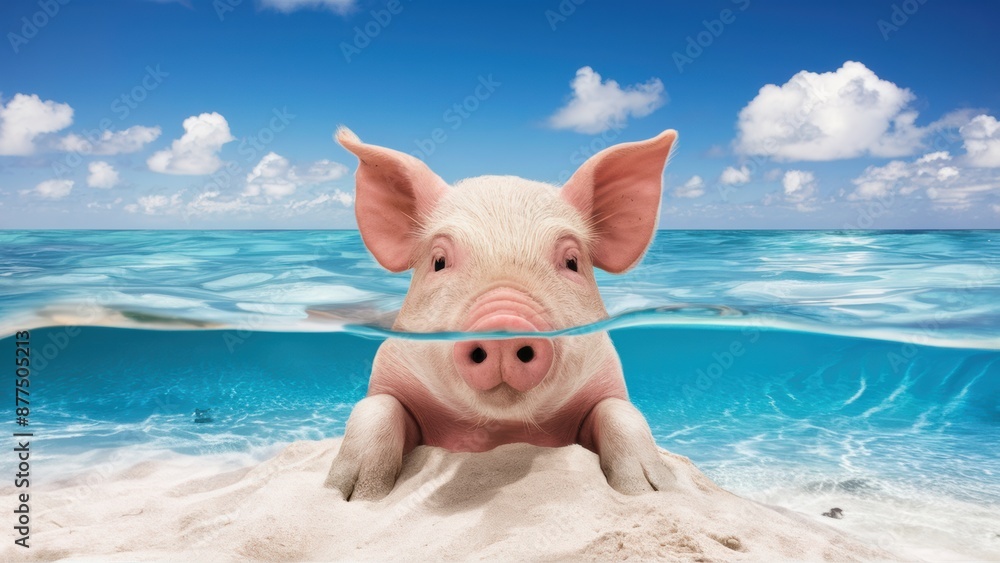 Canvas Prints a pig is swimming in the ocean with a beach and sand, ai