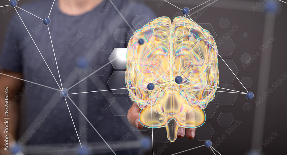 Aufkleber Brain. Digital brain. 3D Science and Technology concept. Neural network. IQ testing, artificial