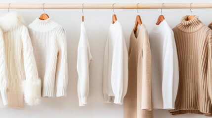 Fototapeta premium A row of white and tan knit sweaters hang on wooden hangers in a closet